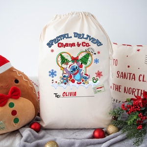 May include: A white canvas gift bag featuring a blue Stitch character from Lilo & Stitch. The bag has the text "Special Delivery Ohana & Co." and a space to write "To:" and a name.
