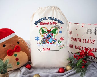 Ohana Stitch Personalised Santa Sack Christmas Bags with Name Christmas Eve Gift Bags Box Holiday Gift Large Santa Sack Stuff Bags SB6
