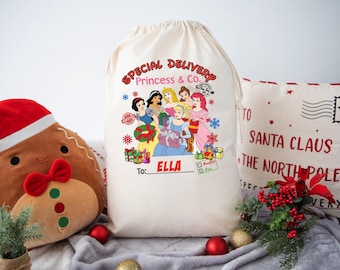 Disney Princess Personalised Santa Sack Christmas Bags with Name Christmas Eve Gift Bags Box Holiday Gift Large Santa Sack Stuff Bags SB4