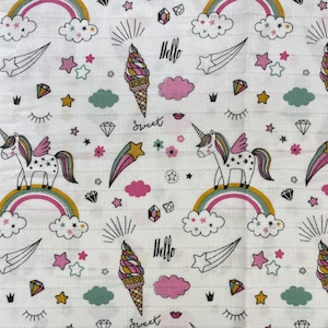 Unicorn Muslin Fabric, Animal Print Fabric, Double Gauze Fabric By Half The Metre, Printed Muslin Fabric, Swaddle Fabric