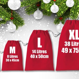 May include: Four red drawstring bags in different sizes labeled S, M, L, and XL. The bags are made of fabric and have white text that says the size, capacity in liters, and dimensions in inches. The bags are arranged from smallest to largest.