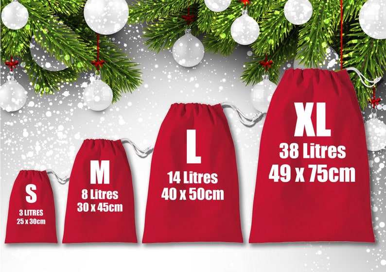 May include: Four red drawstring bags in different sizes labeled S, M, L, and XL. The bags are made of fabric and have white text that says the size, capacity in liters, and dimensions in inches. The bags are arranged from smallest to largest.