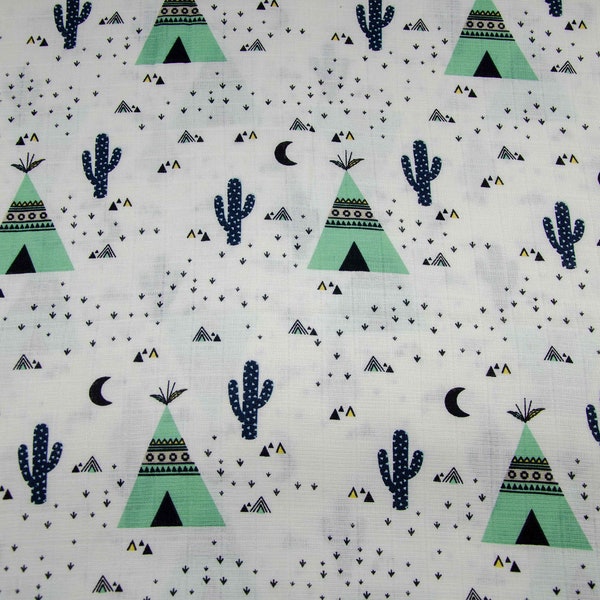 Cactus Teepee Print Muslin Fabric,Double Gauze Fabric By Half The Metre, Printed Muslin Fabric, Swaddle Fabric, Cactus Fabric, Teepee Fabric