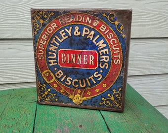 Antique Huntley & Palmers Biscuit tin used in shops to sell from - bright red blue colours - keepsake box - hand made tinplate advertising