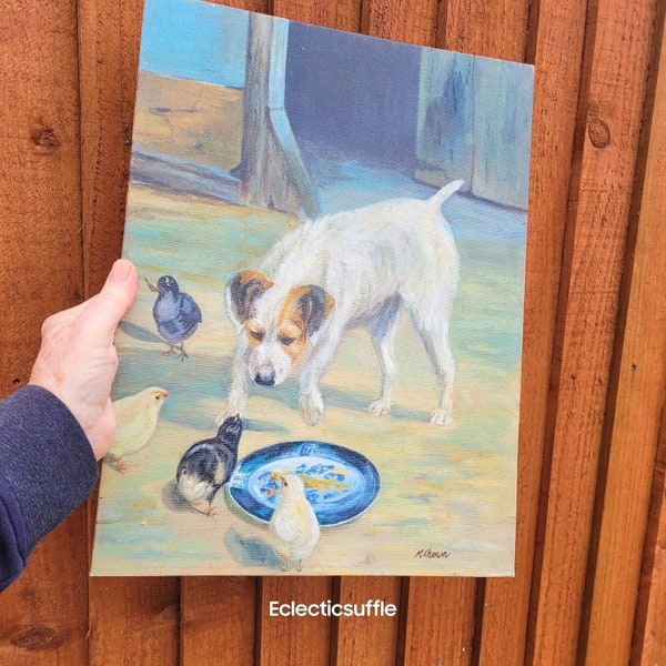 Oil painting of Jack Russell dog 'Confrontation' well executed   reproduction in oils of Alfred Duke's original artwork signed by copyist