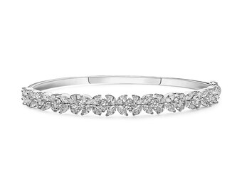 18K Solid White Gold Round and Marquise Shaped Diamond Bangle - White Gold Stylish Jewelry - Gift for wife - Gift for love