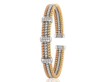 18K Solid Gold Tricolor Bangle- Tessitore Diamond - Real Gold Stylish Jewelry - Gift for wife - Gift for love