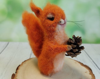 Needle felted tiny squirrel, red felt squirrel