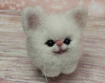 Needle felted white cat, plush miniature cat