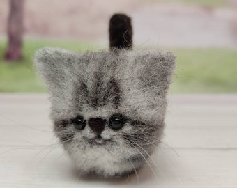 Needle felted cat figurine, Grey wool tabby cat miniature