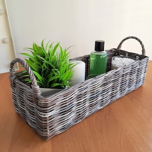 Extra long melange basket bathroom. Wicker kitchen rectangular basket. Home storage bins. Narrow storage box. Basket for shelf. Gift for her