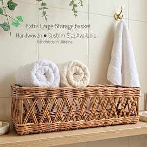 Extra Large Narrow Storage Basket for Console Table, Woven Bathroom Organizer, Rectangular Handwoven Basket, Custom Size Entryway Storage