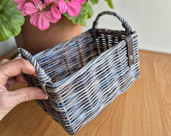 Small wicker kitchen rectangular basket. Mini storage box. Shelf organizer. Woven rattan bin. Minimalist woven table decor Fruit basket grey