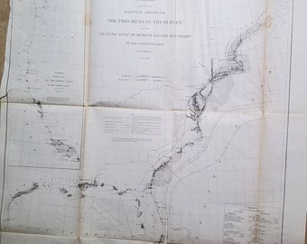 1859 Map: Atlantic Gulf of Mexico and Pacific Coast US Coast Guard Survey Authentic Nautical Chart Not A Reprint or Reproduction. US History