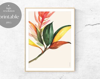 Watercolor Botanical Printable Art, Floral, Tropical Leaves, Digital Download, Flower Painting, Illustration Poster, Home Decor, Gift, Print