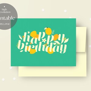 Cartão de aniversário para impressão verde vintage, laranja, fruta, flor, desenho à mão, envelope, tipografia, A4, carta, presente, amor