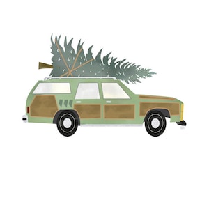 May include: A green station wagon with wood paneling is carrying a large Christmas tree on its roof.