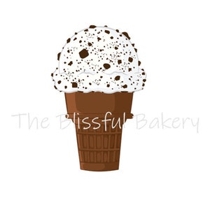 May include: A white ice cream cone with chocolate chips on top. The cone is brown and has a waffle texture.