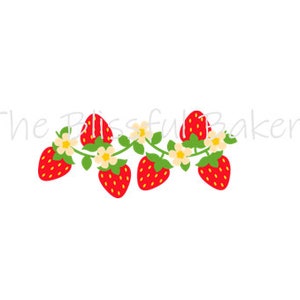 May include: A row of red strawberries with green leaves and white flowers. The strawberries are arranged in a line, with the flowers in between them. The text "The Blissful Bakery" is in the background.