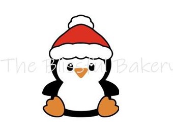 May include: A cartoon penguin wearing a red Santa hat with white trim. The penguin is sitting with its feet tucked under its body.