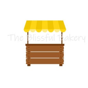 May include: A yellow striped awning over a wooden stand with a brown countertop. The stand has a sign that says "The Blissful Bakery".