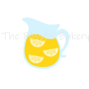 May include: A blue pitcher filled with yellow lemonade and lemon slices.