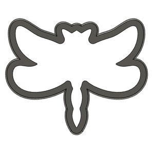 May include: A black and white outline of a dragonfly with a simple design. The dragonfly is facing forward with its wings spread out.