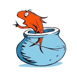 May include: A red fish with a white eye is stuck in a blue fishbowl. The fish is trying to get out of the bowl.