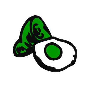 May include: A green avocado with a white pit and a green seed inside.