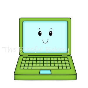 May include: A green laptop computer with a smiling face on the screen. The laptop has a black keyboard and a light blue touchpad.