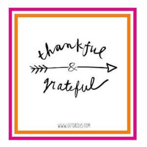 May include: A square graphic with a white background, featuring the words "thankful & grateful" in black script, with an arrow design. The text is framed by a pink and orange border, with the website address www.getsassys.com at the bottom.