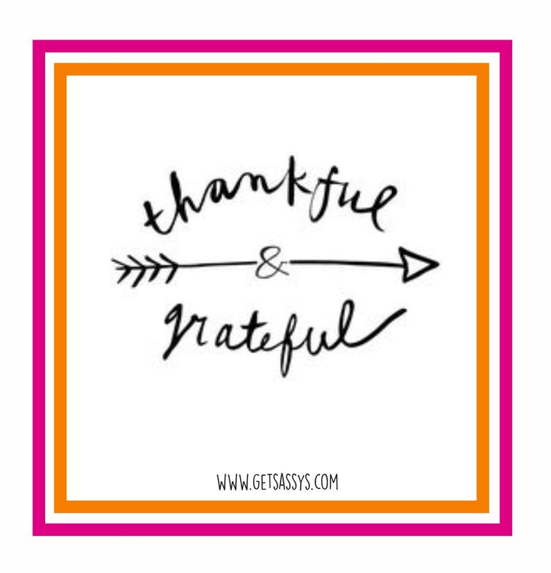 May include: A square graphic with a white background, featuring the words "thankful & grateful" in black script, with an arrow design. The text is framed by a pink and orange border, with the website address www.getsassys.com at the bottom.