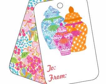 Chinoiserie Ingwerglas Geschenkanhänger: Blumen Aquarell, Palm Beach Stil