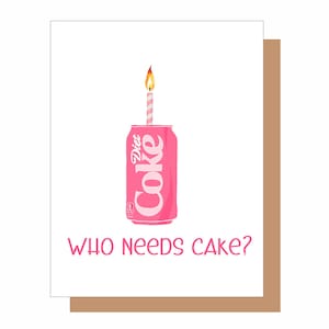 May include: A birthday card design showing a pink Diet Coke can with a lit candle. The phrase "WHO NEEDS CAKE?" is written in pink below. The card is set against a white background with a brown border.