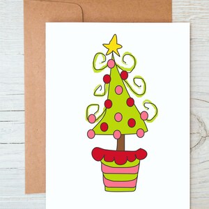 Gekrulde boom, kerstkaart, kerstkaart, A2-kaart, kerstboom, roze, rode en groene kerstboom, grillige kerstboom