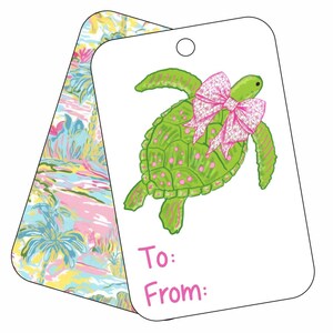 Etichette regalo con tartaruga marina e fiocco chinoiserie, etichette regalo floreali, etichette regalo acquerellate, stile Palm Beach, etichette regalo per tutte le occasioni, etichette costiere