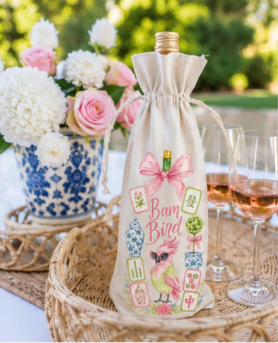 Bam Bird Mahjong Canvas Wine Tote | Reusable Cotton Wine Gift Bag | Mahjong Hostess Gift | Girls' Night Wine Bag | Funny Mahjong Gift