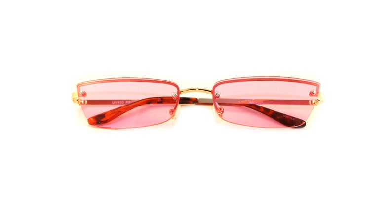 pink rimless rectangle sunglasses