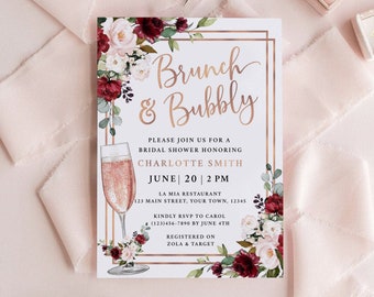 Bridal Shower Invitation, Bridal Brunch Invitation Instant Download Template, Red Pink Roses Bridal Shower