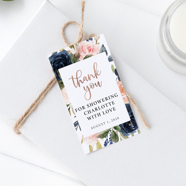 Navy Blush Rose Gold Bridal Shower Gift Favor Tag Template • Navy Greenery Favor Tag • Instant Download • Printable • Editable Template NBW