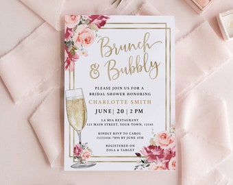 Bridal Shower Invitation, Bridal Brunch Invitation Instant Download Template, Blush Pink Floral, Pink Gold Bridal Shower PKG