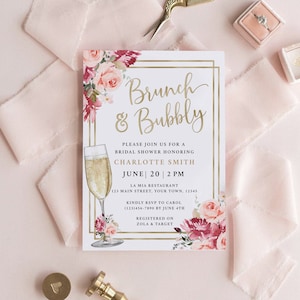 Bridal Shower Invitation, Bridal Brunch Invitation Instant Download Template, Blush Pink Floral, Pink Gold Bridal Shower PKG