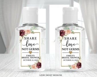 Custom Personalized Hand Sanitizer Bottle Labels for Weddings Engagement Party Favors Spread Love Not Germs Bridal Shower