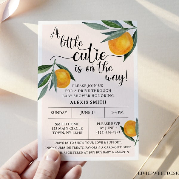 Editable Drive By Baby Shower Invitation Template • A Little Cutie is on the Way Clementine Baby Shower Invitation • Instant Download • CB