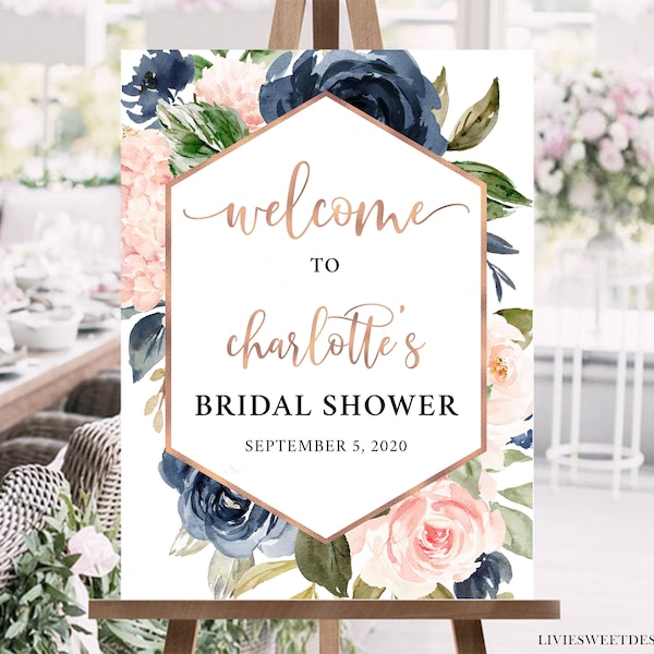 Navy Blush Floral Bridal Shower Welcome Sign • Navy Rose Gold Entrance Sign • Instant Download • Printable Editable Template NBW