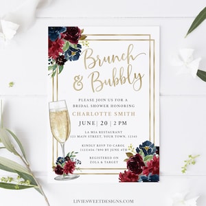 Bridal Shower Invitation, Bridal Brunch Invitation Instant Download Template, Navy Burgundy Bridal Shower