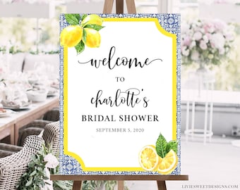 Italian Positano Blue Tile Bridal Shower Welcome Sign • Citrus Positano Blue Tile Bridal Shower Entrance Sign • Editable Template BLI