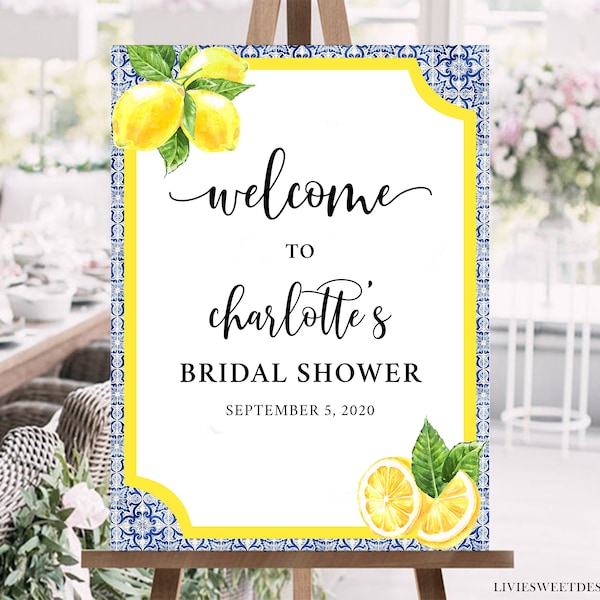 Italian Positano Blue Tile Bridal Shower Welcome Sign • Citrus Positano Blue Tile Bridal Shower Entrance Sign • Editable Template BLI