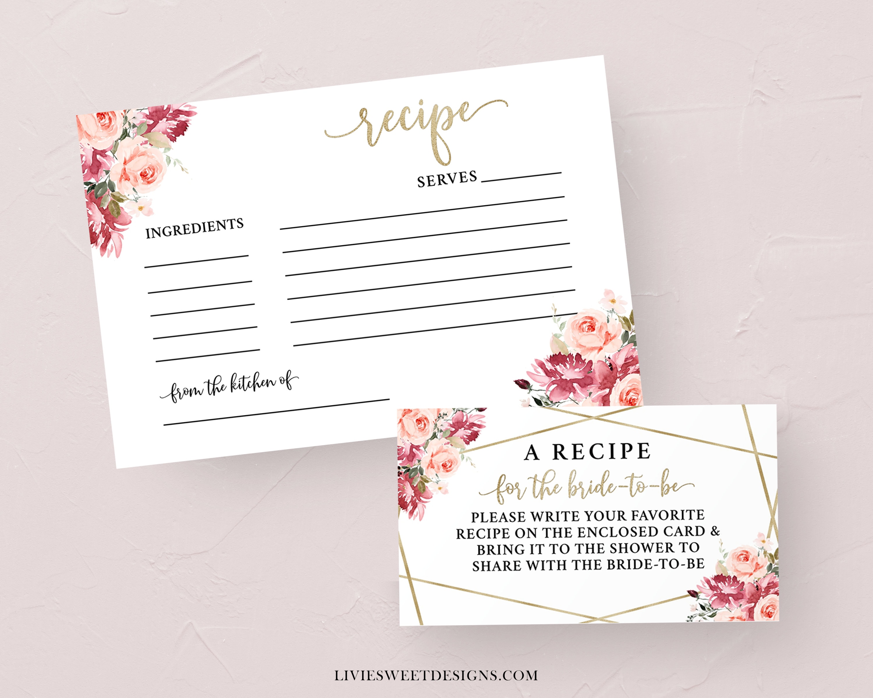 Pink Blush Gold Bridal Shower Recipe Card Printable Bridal - Etsy