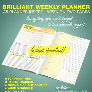 Brilliant Weekly Planner Printable: A5 Planner Insert Week on Two Pages ...